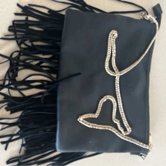 H&M Black Leather Fringe Crossbody Bag with Chain Strap Like New ! - Picture 4 of 5